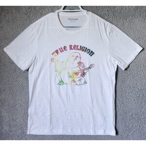 True Religion White Tie Dye Print Rainbow Buddha Logo Tee T Shirt Size Large